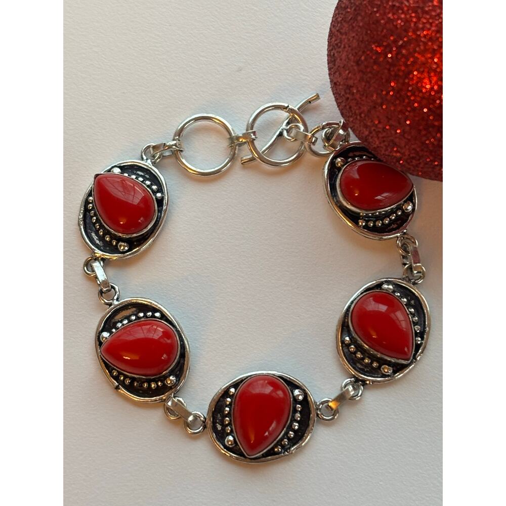 925 Sterling Red Coral Teardrop Bracelet